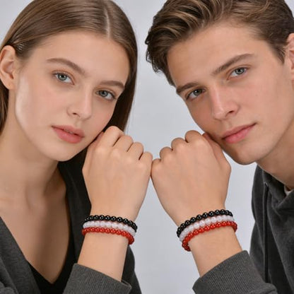 3PCS Agate Bracelet for Women Men Natural Round Beaded Agates Stone Healing Stretch Bracelets Elastic Handmade Polished Gemstone Beads Bracelet - color: Black+Red+White