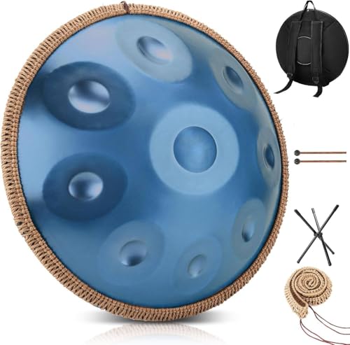 Handpan 22 Inches Drum Set, 440Hz 9 Notes Hand Drum Instrument, Premium Steel Hand Drum, Includes Carrying Case, Drumsticks, Spiral Wraps, Instruction Guide (22 Inches -9 Note -Blue) - size: 22 Inches - 9 Notes - Blue