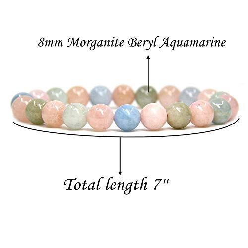 Angelstones Handmade Natural Healing Gemstone 8mm Round Beads Stretch Crystal Bracelet 7 Inch Unisex - color: Morganite Beryl Aquamarine