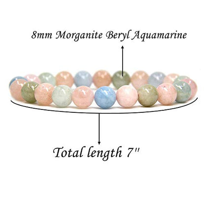 Angelstones Handmade Natural Healing Gemstone 8mm Round Beads Stretch Crystal Bracelet 7 Inch Unisex - color: Morganite Beryl Aquamarine
