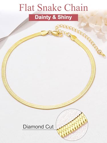 FOCALOOK 14K Gold Plated Necklaces for Women, Fashion Herringbone Choker Necklace Stainless Steel Flat Snake Chain 3/5MM(W) 12.5"/15"/18"+3.5"(L) - color: 5MM-14K Gold-12.5"