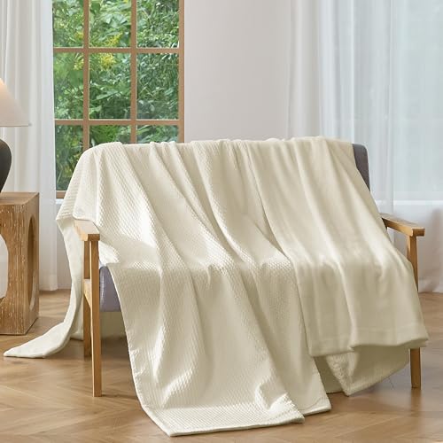 CHUFFED Cotton Waffle Blanket Queen Size - Plush Milk Velvet & Reversible Waffle Weave,Anti-Static 500Gsm Design，Thick Cozy Soft Winter Blanket for Bed, Couch, Sofa - Beige, 90x90 Inches - color: Beige, size: Queen