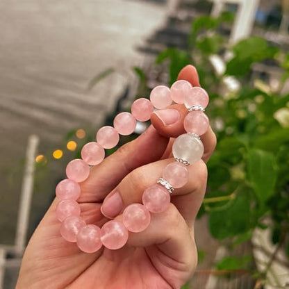 Rose Quartz Bracelet, 8mm Natural Gemstone Love Stone Jewelry Anxiety Relief & Meditation Support Heart Chakra Balance Valentine’s Mother’s Day Gift for Her - color: Sakura pink