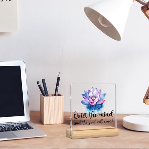 Meditation Quotes Decoration, Yoga Pilates Sayings, Lotus Flower Decor, Zen Decoration, Gifts for Inspirational Women, Acrylic Sign With Wooden Stand for Home Farmhouse Office 4 x 4 Inches