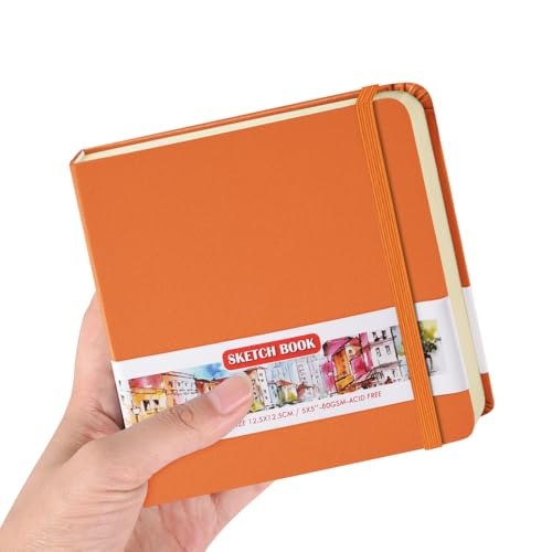 E-WEICHEN Square 5x5 inches 80gsm 96sheets/192 Pages Notebooks Blank Sketchbooks Travel Journal Pocket Hardcover Paint Writing Diary Memo Planner PU Leather Cover. Orange - color: PU Cover-5x5in-Orange