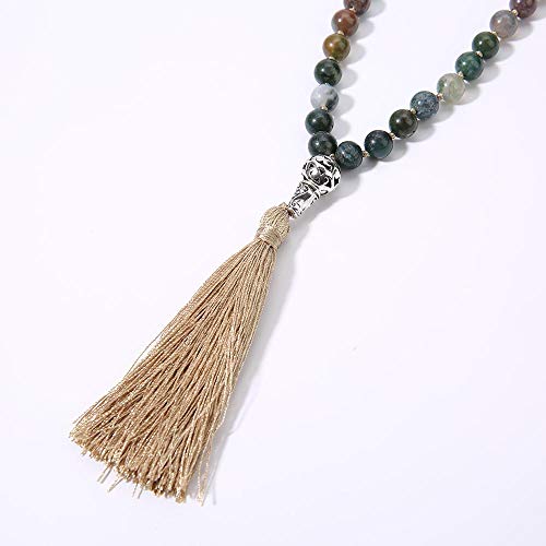 108 Mala Beads Necklace Semi-Precious Gem Stones Meditation Necklace 108 Hand Knotted Japa Mala Beaded Tassel Necklace with Tree of Life Pendant - color: Natural India Agate