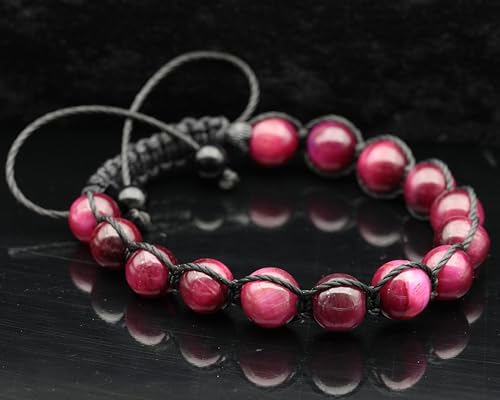 ElisaJewelryArt - Natural Black Onyx Beaded Bracelet Genuine Gemstone Strenght Crystal Macrame Bracelet Unisex Bracelet - color: Pink Tiger Eye, size: WOMEN