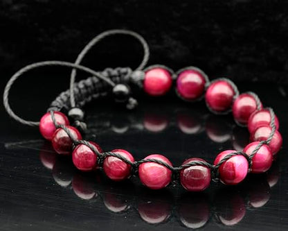 ElisaJewelryArt - Natural Black Onyx Beaded Bracelet Genuine Gemstone Strenght Crystal Macrame Bracelet Unisex Bracelet - color: Pink Tiger Eye, size: WOMEN