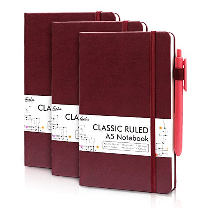 feela 3 Pack Notebooks Journals Bulk with 3 Black Pens, A5 Hardcover Notebook Classic Ruled Lined Journal Set with Pen Holder for Work Business Journaling Note Taking, 120 GSM, 5.1”x8.3”, Wine - color: 3 Pack wine