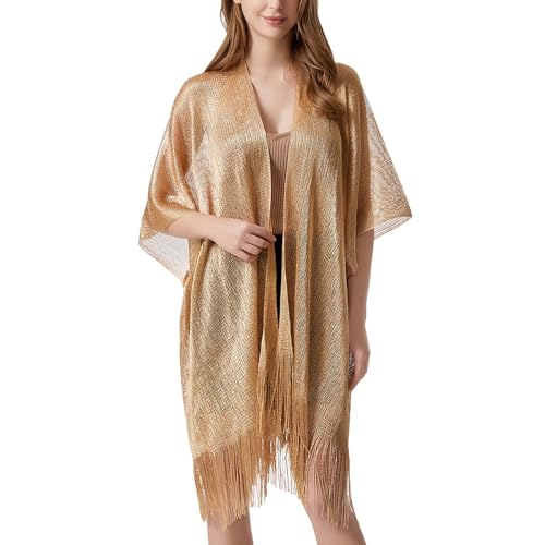 Sparkle Metallic Evening Shawls for Women formal Party Dresses Beach Travel Cardigan Shawl Wrap for Swimsuit - color: B-dark Gold