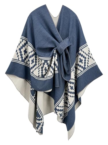 Women's Elegant Shawl Wraps, Soft Open Front Poncho Cape, Reversible Casual Cardigan Shawls for Gift Travel - color: Bronze Blue-white