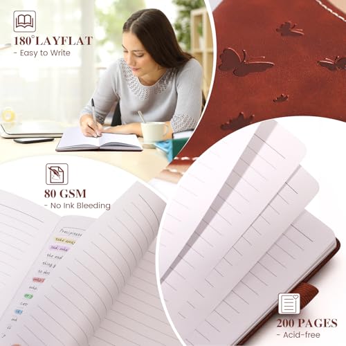 Lined Journal Notebook, A5 Hardcover Leather Journal for Men Women, 200 Pages 100 GSM Thick Paper, Journaling Notebooks for Work School Travel Note Taking, Brown - color: brown