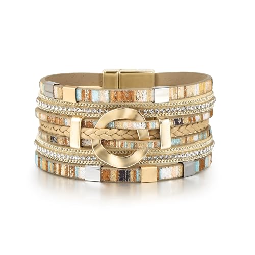 Edoneery Leather Wrap Bracelet for Women, Boho Handmade Multi-Layer Cuff with Crystal Beads Heart, Stackable Bangle Western Jewelry Gift - style: Circle(Boho)