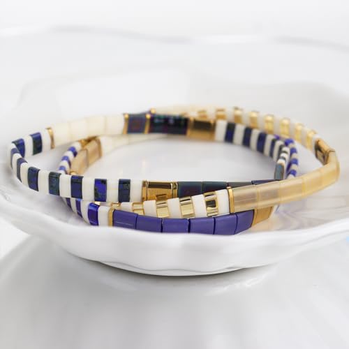 Tila Beaded Stretch Strand Bracelets for Women, Cute Boho Stackable Handmade Colorful Mixed Flat Square Beads Elastic Beach Surfer Bracelet Trendy Jewelry Friend Gift - color: 0901B