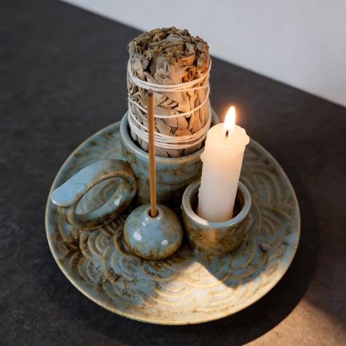 4-in-1Blue Ceramic Palo Santo Burner Holder - Small Incense Burner & Smudge Tray Bowl for Incense Sticks/Cones & Sage - Ideal for Meditation Rooms,Zen and Aromatic Scents - Matches Compatible - color: Palo-incense-dish-blue