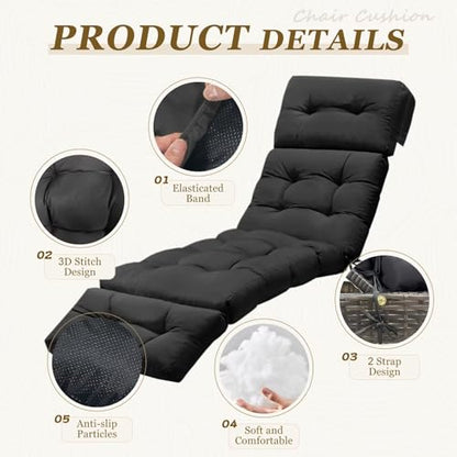 Outdoor Chaise Lounge Chair Cushion 75.1 x 23.6 x 4.7in, Waterproof Replacement Cotton Patio Thickened Pool Lounge Chair Cushion with Ties for Patio Outdoor Furniture,Black - color: Black