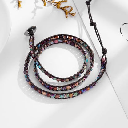 Women Boho Handmade Natural Stone Crystal Leather Bead Wrap Bracelets Collection - style: 4mm Purple Blue Jasper