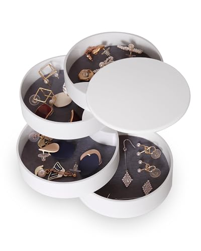 Jewelry Organizer, Small Jewelry Storage Box Earring Holder for Women, 5-Layer Rotating Travel Jewelry Tray Case with Lid for Bracelets Rings Bracelets, Gift for Women Teen Girls(White) - color: White