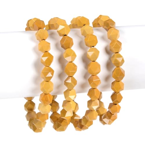 Justinstones 8mm Natural Gemstone Round Beads Triangle Faceted Charm Stretch Bracelet 6.5" - color: Yellow Mookaite Jasper