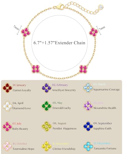 Birthstone Gold Clover Bracelet Dainty 14K Gold Plated Cute Friendship Stackable Bracelets for Women No Tarnish Trendy Charm Best Friend Bracelet Stack for Birthday Jewelry - color: 07. July(Ruby)