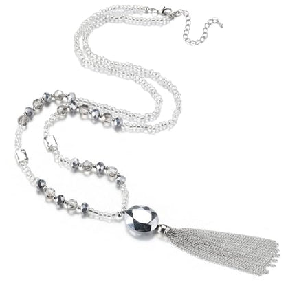 BULINLIN Boho Beaded Long Necklaces for Women Chunky Bead Pendant Necklace with Crystal Tassel Costume Jewelry Gifts for Her - color: Silver