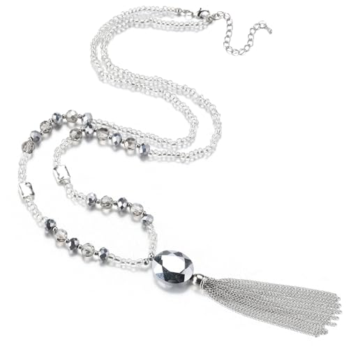 BULINLIN Boho Beaded Long Necklaces for Women Chunky Bead Pendant Necklace with Crystal Tassel Costume Jewelry Gifts for Her - color: Silver
