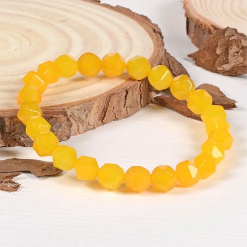 Justinstones 8mm Natural Gemstone Round Beads Triangle Faceted Charm Stretch Bracelet 6.5" - color: Yellow Agate
