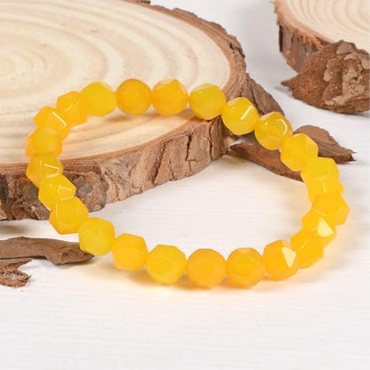 Justinstones 8mm Natural Gemstone Round Beads Triangle Faceted Charm Stretch Bracelet 6.5" - color: Yellow Agate