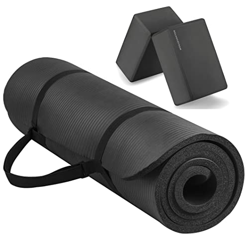 Fitvids All Purpose 1/2-Inch Extra Thick High Density Anti-Tear Exercise Yoga Mat with Carrying Strap and Yoga Blocks, Multiple Colors