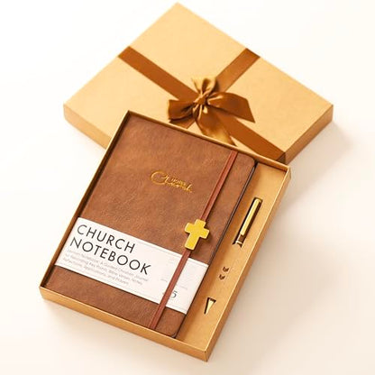 Sermon Notes Notebook with Pen & Gift Box, Guided Church Bible Journal for Christians, A5 Leather with Gold Cross | 240 Thick Pages for Study, Reflections & Prayer Notes, Pastor Gifts