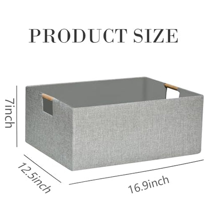Collapsible Storage Box for Women - Foldable Home Organizer 16.9x12.5x7Inches with Wooden Handles | Closet, Bathroom & Kids Room Storage | Heavy-Duty Linen Fabric 2Pack