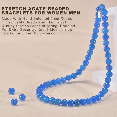 14in Agate Wrap Bracelet for Women Men Natural Round Beaded Agates Stone Healing Stretch Bracelets Elastic Handmade Polished Gemstone Beads Bracelet - color: Blue Agate, size: 8mm Beads