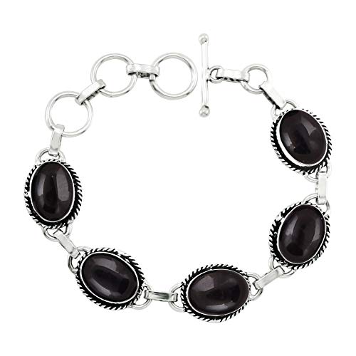 Oval Shape Natural & Synthetic Gemstones 925 Silver Plated Handmade Link Bracelets for Women - Birthstone Vintage Style Bohemian Adjustable Bracelet - Gifts for Wedding Anniversary Christmas - color: Black Onyx