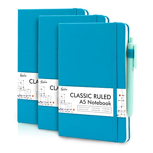 feela 3 Pack Notebooks Journals Bulk, Hardcover Notebook Classic Ruled Lined Journal Set with Pen Holder for Work Business Journaling Note Taking, with 3 Black Pens, 120 GSM, 5.1”x8.3”, A5, Teal - color: 3 Teal