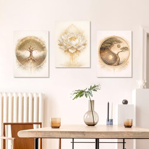 Bnesi 3-Piece Zen Wall Art Set Tree of Life & Lotus Flower Wall Art Large Wall Art for Living Room Tree Art & Tree of Life Wall Art Ideal Artwork for Walls Stylish Wall Decor Art (Classic)