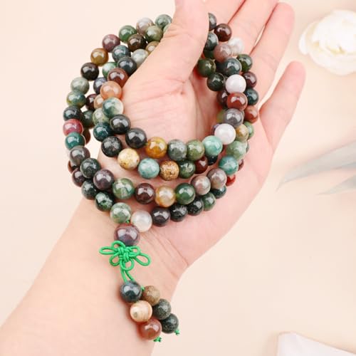 AD Beads 6mm 8mm 108 Prayer Mala Jasper Elastic Bracelet - Handmade Yoga Meditation Healing Power Energy Gifts for Unisex Adult. - color: India Agate(Peaceful)