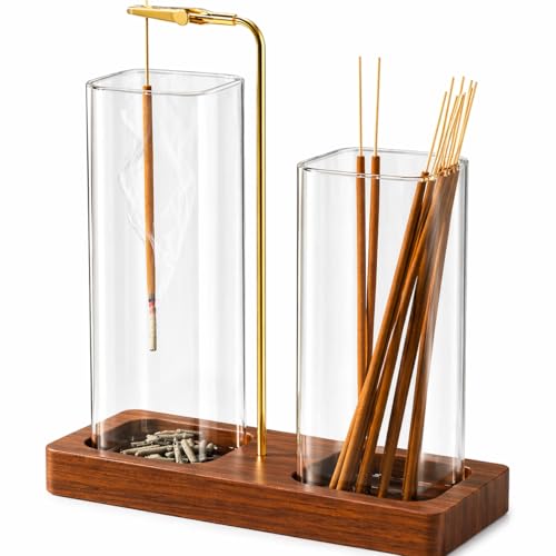 2 in 1 Incense Holder & Upside Down Burner with 7.8" & 5.9" Glass Jars, Ash Catcher & Storage for Sticks, Wooden Bakhoor Burner for Yoga Meditation Home Decor, Includes 20 Incense Sticks & Brush