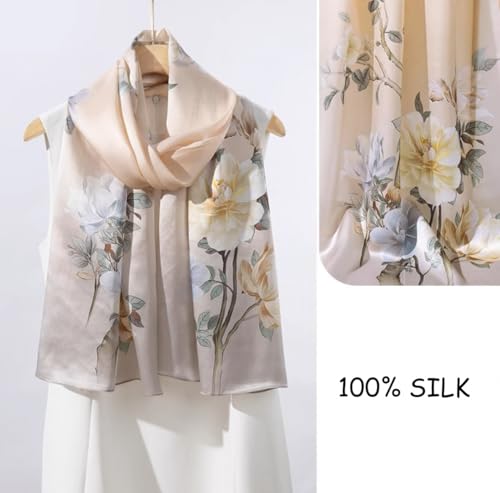 100% Mulberry Silk Long Scarf for Women Large Shawls for Headscarf and Neck- Oblong Hair Wraps with Gift Packed - color: Floral-pale Yellow