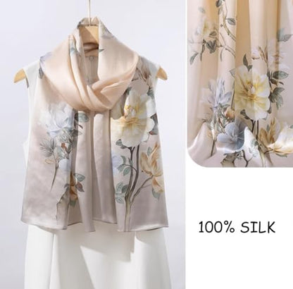 100% Mulberry Silk Long Scarf for Women Large Shawls for Headscarf and Neck- Oblong Hair Wraps with Gift Packed - color: Floral-pale Yellow