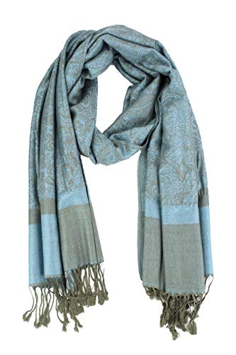 PASKMLNA Paisley Jacquard Pashmina Shawl Wrap Scarf Stole - color: Olive Light Blue