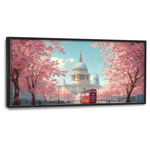 England London Paul’s Cathedral Large Wall Art Cityscape Cherry Blossom Pictures Wall Decor Street Scene Canvas Spring Print Painting Modern Artwork Home Decoration for Living Room Bathroom Bedroom Office Framed 60"x30" - color: London, size: 60"L x 30"W