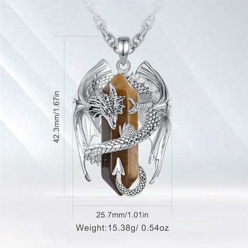 INFUSEU Unique Dragon Necklaces with Healing Crystal Stone for Men Women, Personalized Spiritual Gifts, 24 Inch Chain - color: Tigers Eye