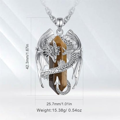 INFUSEU Unique Dragon Necklaces with Healing Crystal Stone for Men Women, Personalized Spiritual Gifts, 24 Inch Chain - color: Tigers Eye