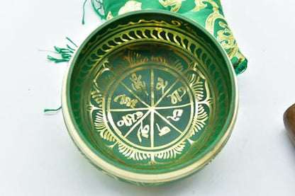 3.75" Tibetan Meditation Yoga Singing Bowl Green Set with free Wooden Mallet and Silk Cushion from Nepal, Singing bowls. (Green) - color: Green