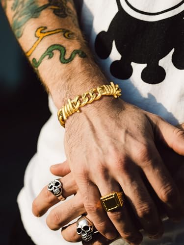 Bandmax Barbed Wire Chain Bracelets for Men Women Stainless Steel/Black/Gold Thorn Cuban Link Bracelet Adjustable Punk Emo Style Jewelry Gift - color: 12 12MM-Gold Plated