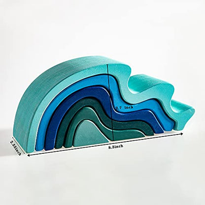 Wooden Rainbow Stacking Toy, Water Wave Elements Wooden Stacker, Various Shapes Nesting Stacking Blocks, Waldorf & Montessori Open-Ended Education Toy for Kids/Toddlers - color: Waterwaves