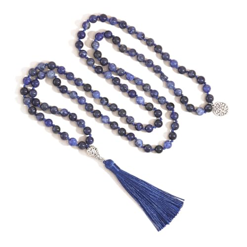 108 Mala Beads Necklace Semi-Precious Gem Stones Meditation Necklace 108 Hand Knotted Japa Mala Beaded Tassel Necklace with Tree of Life Pendant - color: Flower Blue-Veins