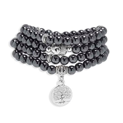Tree of Life Charm Bracelet or Necklace - 108 Buddha Beads, Handmade Mala Meditation Jewelry, Prayer Beads for Yoga - style: Hematite