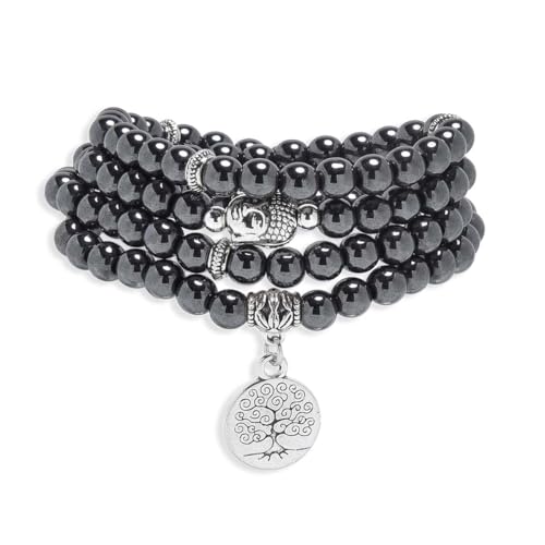 Tree of Life Charm Bracelet or Necklace - 108 Buddha Beads, Handmade Mala Meditation Jewelry, Prayer Beads for Yoga - style: Hematite