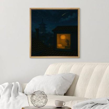 SIGNWIN Framed Canvas Print Wall Art Zen Rooftop Lantern Night Serene Asian-Inspired Illustrations Fine Art Farmhouse/Country for Living Room, Bedroom, Office - 24"x24" NATURAL - color: BS18-2507-SAR14, size: 24L" x 24W"